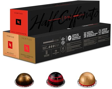 Nespresso Vertuo Coffee Pods Decaffeinated Variety Pack - 30 Capsules | 3 Sleeves, 10 Half Decaffinato, 10 Chairo Decaf, 10 Melozio Decaf