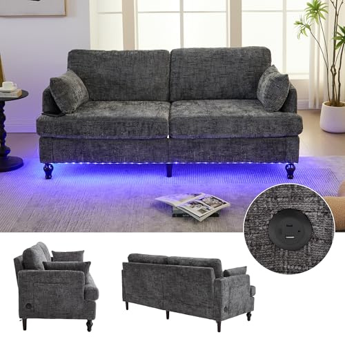 kozamas 2 Sitzer Sofa mit USB & LED – kleines Wohnzimmer Sofa aus Chenille mit Seitentasche, Holzbeinen & Schaumstoffpolsterung, für Schlafzimmer & Arbeitszimmer, 175x83x78 cm, Grau