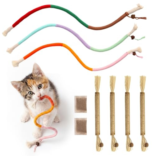 Uyubao Cat Toys, 7Pcs Cat Chew Ropes & Silvervine Sticks for Cats with Natural Catnip & Silvervine, Safe Teeth Cleaning Catnip Toys for Indoor Kittens, Interactive Chew Toys for Indoor Cats