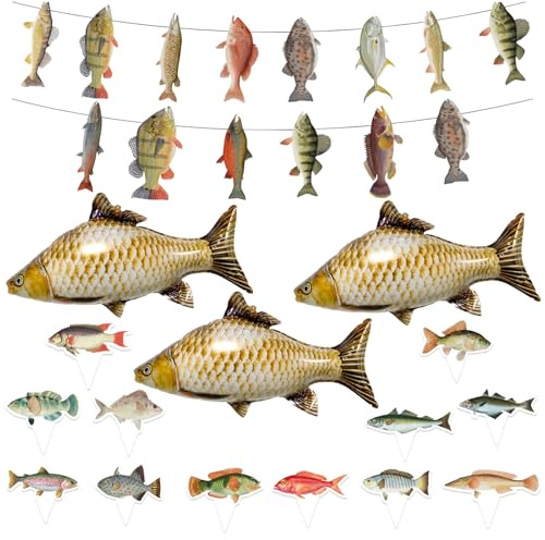 16 Stück Angelparty-Dekorationen,Fisch Folienballon und Banner Fishing Cupcake Toppers,niedliche Fisch Ballons,ischen-party-dekorationen