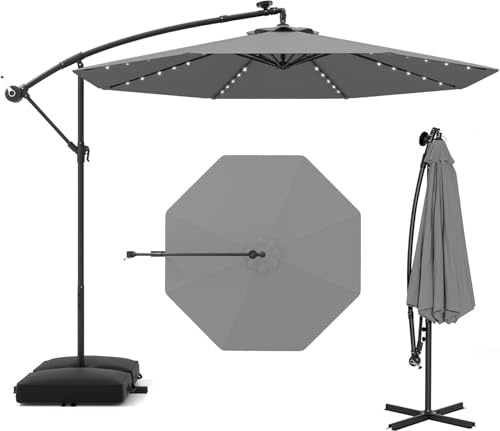 RELAX4LIFE Parasol Déporté 3,5 M LED Solaire Inclinable (Gris Foncé) | Parasol de jardin extérieur avec pied inclus, imperméable à 8 baleines et protection UV pour terrasse, patio ou plage