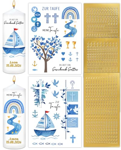 Taufkerze selber machen Set, 5 Stk. Kerzentattoos Taufe für Taufkerze Junge | 2 Blatt Wasserschiebefolien, 2 Blatt Buchstabenaufkleber & 1 Blatt Zahlensticker, Taufkerzen selbst gestalten, Taufe Deko