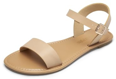 DREAM PAIRS Women's Ankle Strap Flat Sandals Open Toes One Band Buckle Summer Dressy Sandals,Size 7.5,Nude