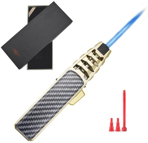 DOUBFIVSY Butane Torch Lighter, Refillable Kitchen Cooking Torch with Safety Lock, Windproof Adjustable Jet Flame Solar Beam Torch Blow Torch for Baking BBQ Mens Gifts (Without Gas) (Golden)