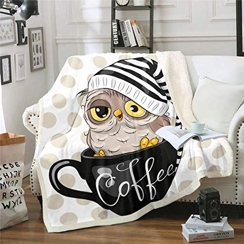 Homewish Eule Sherpa Decke Werfen 130X150- Eule Bedruckte Weiche Plüsch Decke Für Bett/Couch/Sofa/Büro/Camping/Stuhl/Wohnzimmer, Süße Kaffeetasse Tiermuster Fuzzy Fleece Decke Für Kinder Mädchen