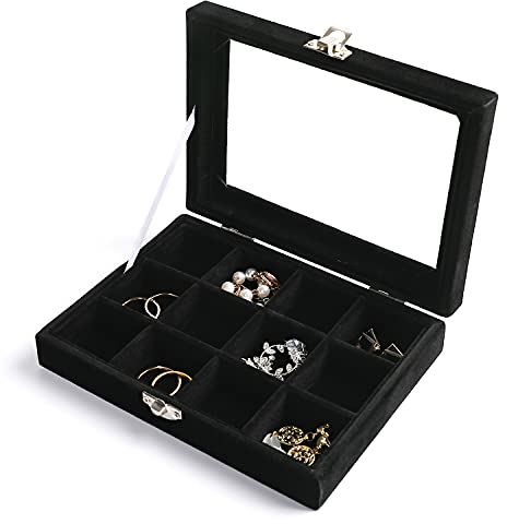 Frebeauty Schmuck-Organizer-Tablett mit transparentem Deckel, Samt-Schubladeneinsatz, Schmuck-Aufbewahrungsbox mit transparentem Deckel, Schmuckvitrine,Geschenk für Frauen (Schwarz, 12 Fächer)