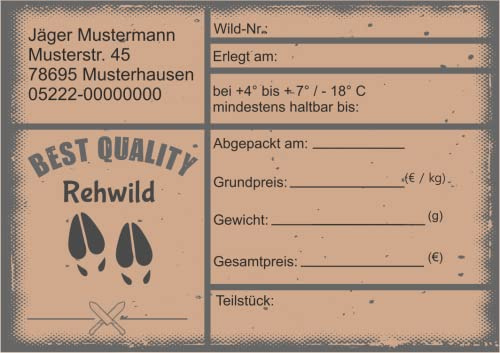 Wildbret Etiketten zur Kennzeichnung von Wildfleisch mit Adresse verschiedene Motive 9 x 6 cm (100 Stück, Vintage Rehwild)