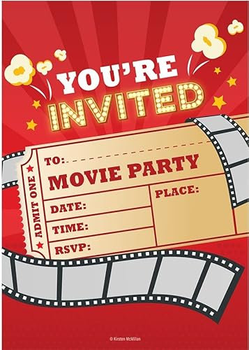 Kirsten McMillan 32 Movie Birthday Party Invitations for Kids with Envelopes - Pack of 32 Movie Party Invites for Girls & Boys - Designed and Printed in the UK
