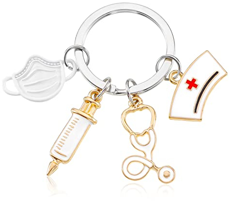 Dacitiery Schlüsselanhänger Krankenschwester Keychain Metall Krankenschwester Schlüsselanhänger mit Spritze, Krankenschwester Kappe und Stethoskop für Arzt Medizinstudent Krankenschwester Geschenke