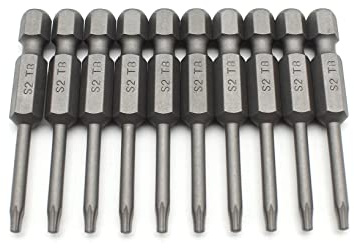 TMAX 10 pc T8 Torx Star Head Screwdriver Bit Set, S2 Steel 6 Point T-8 Reduced Round Shaft Screwdriver Insert Bits Hex Shank