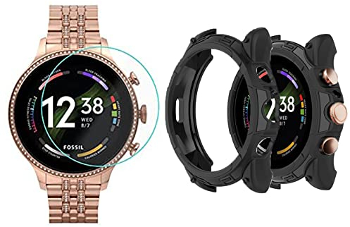 Onetuo Schutzhülle kompatibel Für Fossil Damen gen 6 Smartwatch 42mm, Ultra dünn TPU Schutz Hülle für Fossil gen 6 42mm Smartwatch (Schwarz hülle+ 2*panzerglas)