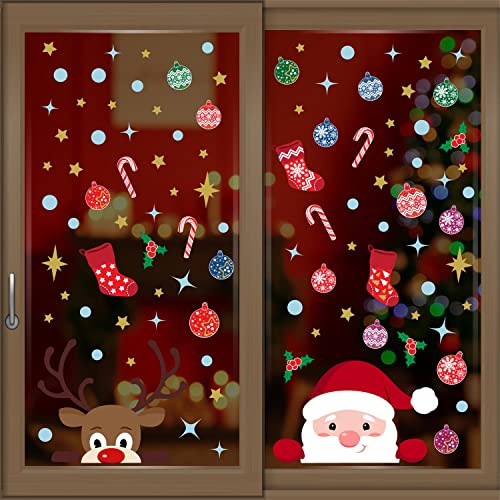 WALPLUS Christmas Window Stickers Clings Xmas Decoration Sale Clearance Reusable Double-Sided Print Decals for Glass Living Room Windows Display Xmas with Rudolph and Santa 92 Pieces