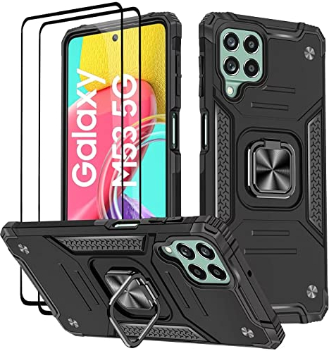 KANSi Cover per Samsung Galaxy M53 5G, Vetro Temperato [2 Pack] Custodie Silicone TPU 360° Rotante Anello Magnetica Anello Ring Supporto Bumper - Nero