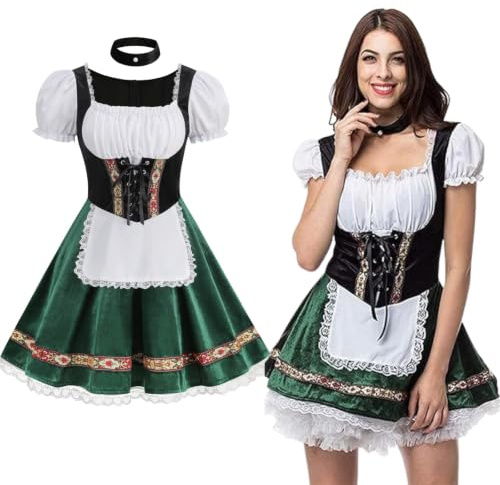maxToonrain Oktoberfest Outfit Women Puff Sleeve Velvet Bavarian Beer Maid Dress with Foral Embroidery, Lace Trim, Apron & Choker for Halloween, Themed Parties & Beer Festivals