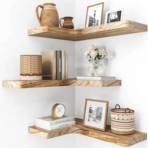 fuqing Schwebende Eckregale, Wandregal 3er Set, Regale für Wandaufbewahrung, Wandhalterung Holzdisplay Regal für Badezimmer Schlafzimmer Küche Garage, Karbonisiertes Schwarz