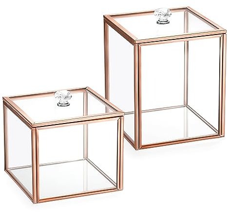 Hipiwe 2 Pack Glass Qtip Holder Dispenser With Lid Metal Bathroom Containers for Cotton Balls Makeup Sponges Bath Salts Candles Vanity Canisters Countertop Storage Organizer Jar,Rose Gold