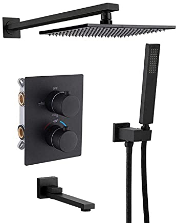 CAZARU Thermostatischer Duschmischer, schwarzes Duschset, 3-Funktions-Mischbatterie, Duschset, 8 in quadratischen Duschköpfen