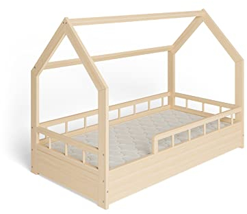 ms factory Hausbett mit Matratze Kinderbett 80x160 cm mit Rausfallschutz und Lattenrost - Einzelbett aus Kiefernholz für Mädchen und Junge - Natur Farblos