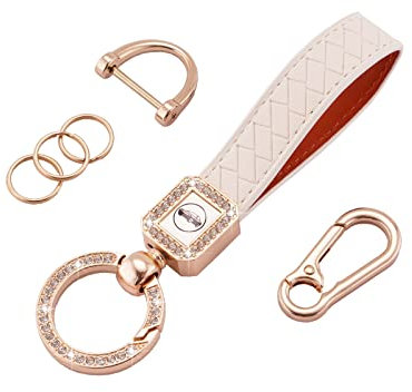 Koaudb Schlüsselanhänger aus Leder Männer Auto Schlüsselanhänger 360 Grad drehbar mit Anti-Lost D-Ring Leder Schlüsselband Geschenk für Damen Herren (weiß)