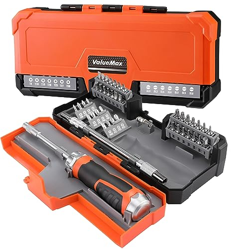 ValueMax Ratschenschraubendreher 43tlg. Set, Schraubendreher Set mit 40 Bits, magnetischer Bithalter, 1/4-Innensechskant-Antrieb Aufbewahrungskoffer, Verlängerung für Reparatur und DIY-Projekte