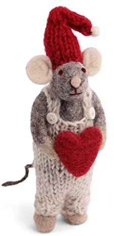 Én Gry & Sif Maus Weihnachtsmaus mit Ornament - Anhänger aus Filz, Weihnachts-Deko - 1 Stück (Graue Maus Latzhose Herz)