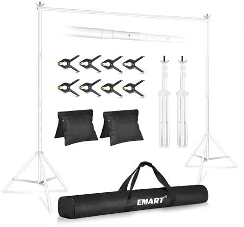 EMART Weißer Foto Hintergrund Ständer, 2x3m Verstellbarer Hintergrundsystem | 8 Hintergrundklemmen，2 Sandsack,Fotostudio,Porträt,Produktfotografie,Studiofotografie