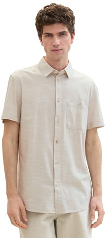 TOM TAILOR Denim Herren Chambray Kurzarm-Hemd mit Brusttasche, grey white chambray, L