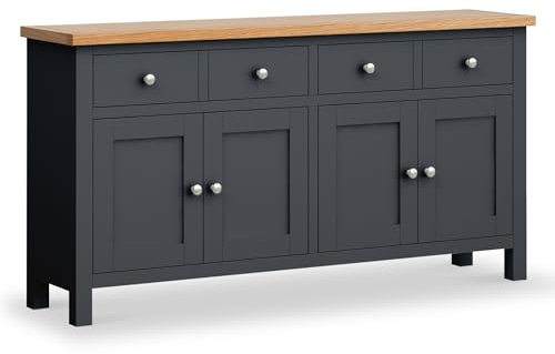 Farrow Charcoal Extra Large Sideboard Cabinet for Living Room | Roseland Furniture Fully Assembled Painted 4 Door Solid Wooden Storage Cupboard with Oak Top 2 Drawers for Hallway or Dining Room
