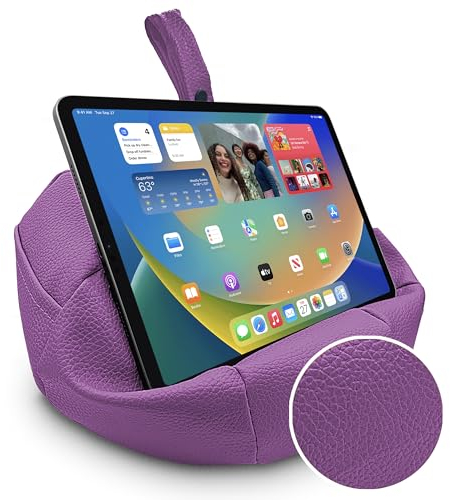 NEWMANS Purple Faux Leather Beanbag for Tablet/iPad/Laptops - Holds securely at any angle on any surface - Handy side pockets