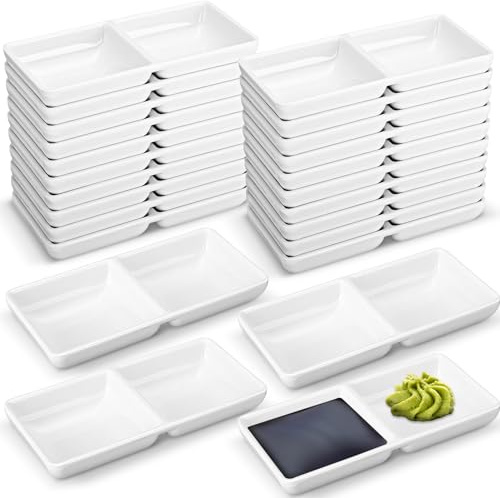 Gejoy Sojasauce Dish Dual Dipping Bowls Dual Sauce Bowls Soja Two Compartments Party Trays Divided Fondue Plates for Restaurant Kitchen Sushi Soy Sauce (White)