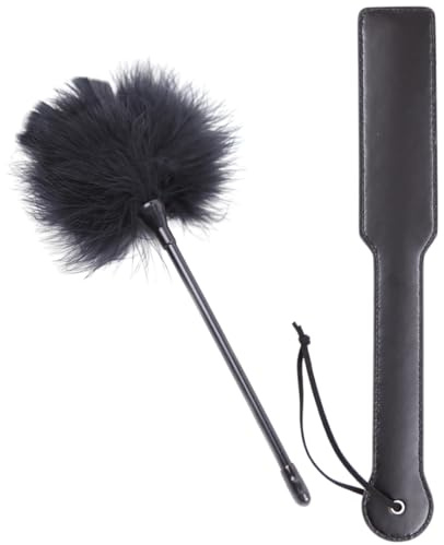 FOPS BDSM Peitsche & Federkitzler Set Leder Paddle 34 cm + 11 cm Federkitzler für Spanking & Teasing Paare B70 B54