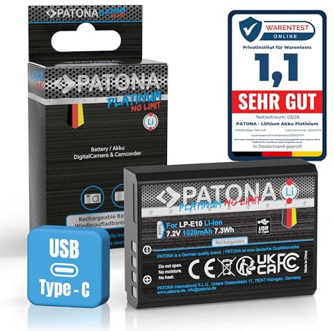 PATONA USB-C Platinum Akku Ersatz für Canon LP-E10 LPE10 Battery 1020mAh | Ersatzakku für EOS 1100D 1200D 1300D 2000D 4000D, Rebel T3 T5 T6 T7 T100, Kiss X50 X70 X80 – direkt am Akku Laden