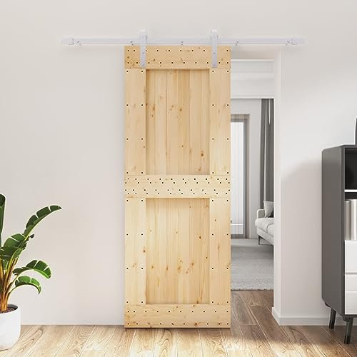 Baziroo Schiebetür mit Beschlag Weiß 80x3,6x210 cm Massives Kiefernholz und Stahl Innentüren Wooden Door Schwebetür Sliding Door Schibetür Wohnzimmertuer Zimmertür Holz Scheunentor Holztuer