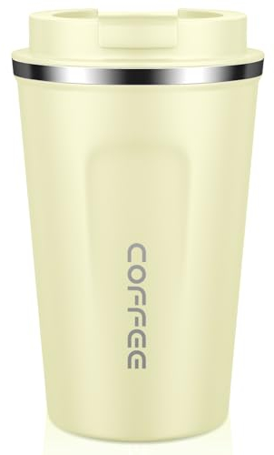 MOMSIV Coffee Cup, 380ml Vacuum Reusable Leakproof Double Wall Coffee Cup, Insulation Stainless Steel Eco-Friendly Travel Office Mug for Hot Coffee Tea and Cold Drinks, Yellow