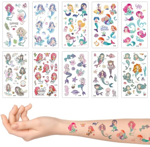 10 Sheets Mermaids Temporary Tattoos Stickers for Kids,Childrens Fake Tattoo Sticker Set Multiple Patterns Waterproof Removable Stickers for Prizes Birthday Party Bag Fillers for Boys Girls