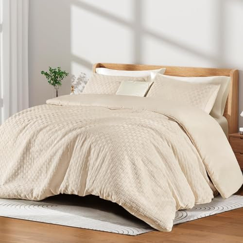 Guchuang Bedding Beige Waffle Weave Bedding Set Double Size Textured Duvet Cover Luxury Soft Microfiber Quilt Cover 200x200cm with Zipper Closure 2 Pillowcases