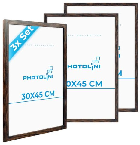 PHOTOLINI Bilderrahmen 30x45 Eiche Dunkel aus MDF-Holz, 3er Set Poster-Rahmen, bruchsicheres Acrylglas, zum Aufhängen, extra Zubehör - für Fotos & Poster