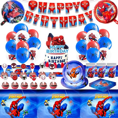 87 Pcs Spider Birthday Decorations, Kids Party Tableware Set Party Decorations with Paper Plates Cups and Napkins Balloon Banner Cake Topper, Spider Hero Themed Party Supplies for Boys
