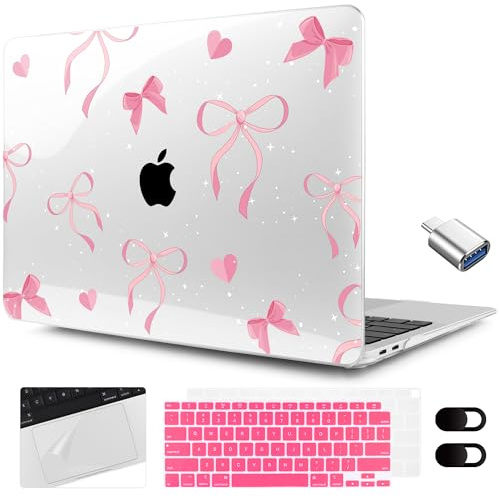MEEgoodo for MacBook Air 13.3 inch Case 2021 2020 2019 2018 A2337 M1 A2179 A1932, Laptop Shell for MacBook Air M1 with Keyboard Webcam Cover & Trackpad Film & Type C Adapter,Pink Ribbons Bows