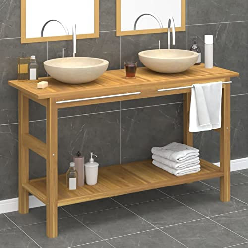 Somanki Waschtisch mit Creme Marmorbecken Massivholz Teak, Waschbeckenunterschrank, Badezimmerschrank, Badezimmermöbel, Badschrank, Badezimmer Unterschrank, Badezimmer Möbel 3096580
