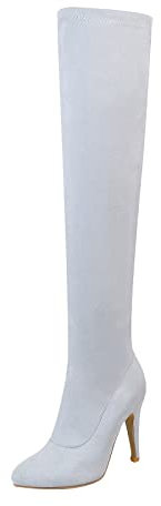 Stivali sopra il ginocchio da donna con tacco alto a spillo con tacco a spillo, stivali alti in pelle scamosciata, elasticizzati, lunghi e alti al ginocchio, eleganti stivali da donna, grigio., 40 EU