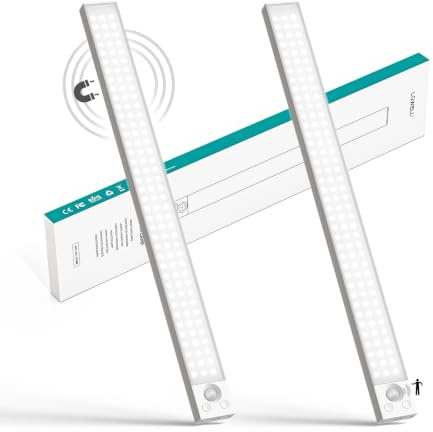 LQWELL® Schrankleuchte mit 84 ​​LEDs und Bewegungsmelder, 42.5 cm, 2200 mAh, Wiederaufladbar, Dimmbar, Schrankleuchte für Küche, Kleiderschrank, Bücherregal, Schlafzimmer (Weiß, 2 Stück)