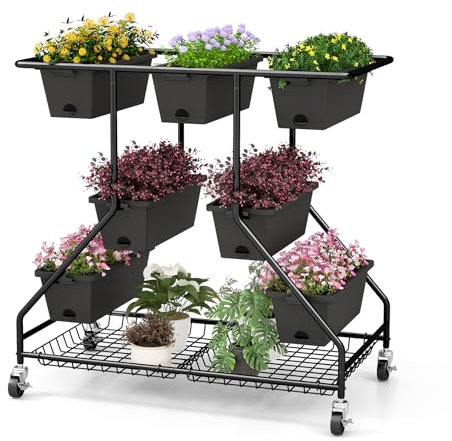 COSTWAY Jardinière Surélevée Vertical avec 7 Bacs de Plantation Trous de Drainage, Lit de Jardin avec Paniers de Rangement 4 roulettes Verrouillables pour Fruits Légumes, 100 x 56 x 99 cm