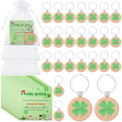 Namalu 24 Viel Glück Geschenke Set Inkl. 24 Kleeblätter Glücksbringer Schlüsselanhänger Holz Kleeblatt Glücksbringer 24 Kleeblatt Grußkarte 24 Organzabeutel für Frauen Kollegen(Runden)