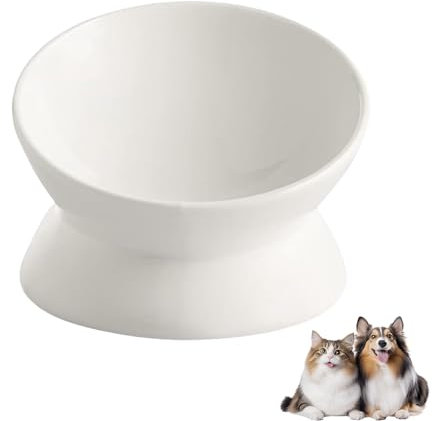 Elevated Cat Food Bowl, Ceramic Raised and Tilted Pet Water Bowl, Anti Vomiting Cat Feeding Bowls - Stress Free Shallow Cat Bowl, Stress Free for Cats and Small Dogs,150ml/5oz (White, 1 Pack)