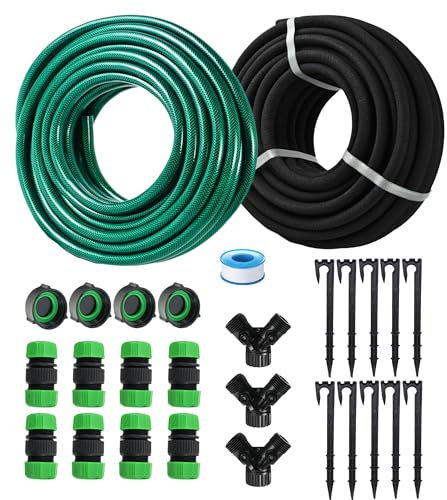 Anpassbares Tropfschlauchsystem, 1,27 cm Gummischlauch 22,9 m mit PVC-Gartenschlauch, 15,2 m, Tropfbewässerungsschlauch mit verstärkten Beschlägen für Blumenbeet, Fundament, Rasen, Gemüse, Baum