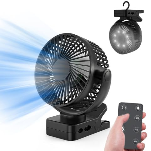 KBIBCK Clip on Fan for Bed, 12000mAh Rechargeable Clip Fan with LED Lights, Table Fan with Timer, 360° Rotation & 3 Speeds, Portable DeskFan for Golf Cart/Home/Office/Stroller/Library/Camping