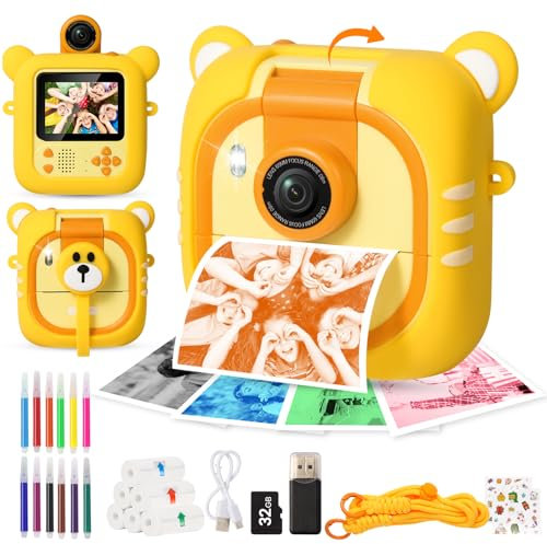 ARNSSIEN Kids Camera Instant Print, 7 Print Paper (4 Color: O/R/G/B+3 B&W), 2.4 Screen Instant Camera for Kids Ages 3-12,1080P, 180°Flip Lens,32GB Card- Christmas Birthday Present for Boys & Girls,M2