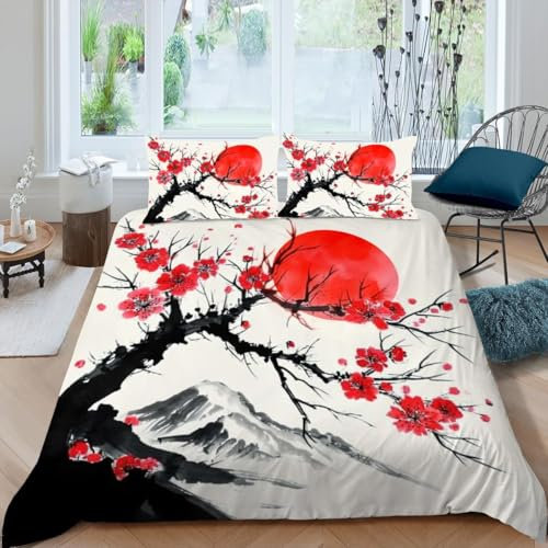 TACOKI Bettwäsche 220x240 Japanisch, 3D Muster Kirschblüten Bettwäsche Set Weich Kuschelig Mikrofaser Bettbezug mit Reißverschluss Bettbezüge + 2 Kissenbezug 80x80 cm c2189