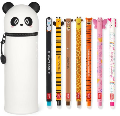 LEGAMI - Set of 7 Erasable Gel Pens + 2-in-1 Pencil Case Pen Pot - with Thermosensitive Erase Ink, Ink colours & barrel designs, 0.7mm Tip, Set 2 (Panda)